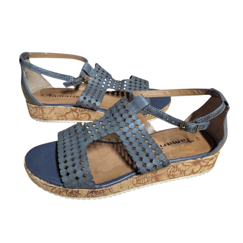 Boho Tamaris Sandal‎ Siris T-Strap Leather Weave Shoe Blue Grey US 10 EU 40